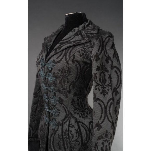 New Brocade Full Length Pocket Frog Clasp Velvet Cuff Coat Black - Picture 3 of 7